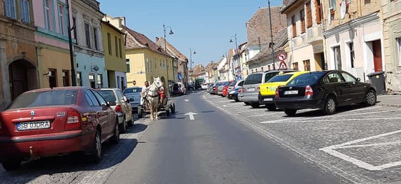 FOTO - Cu căruța la plimbare prin centrul istoric al Sibiului. Și pe interzis!