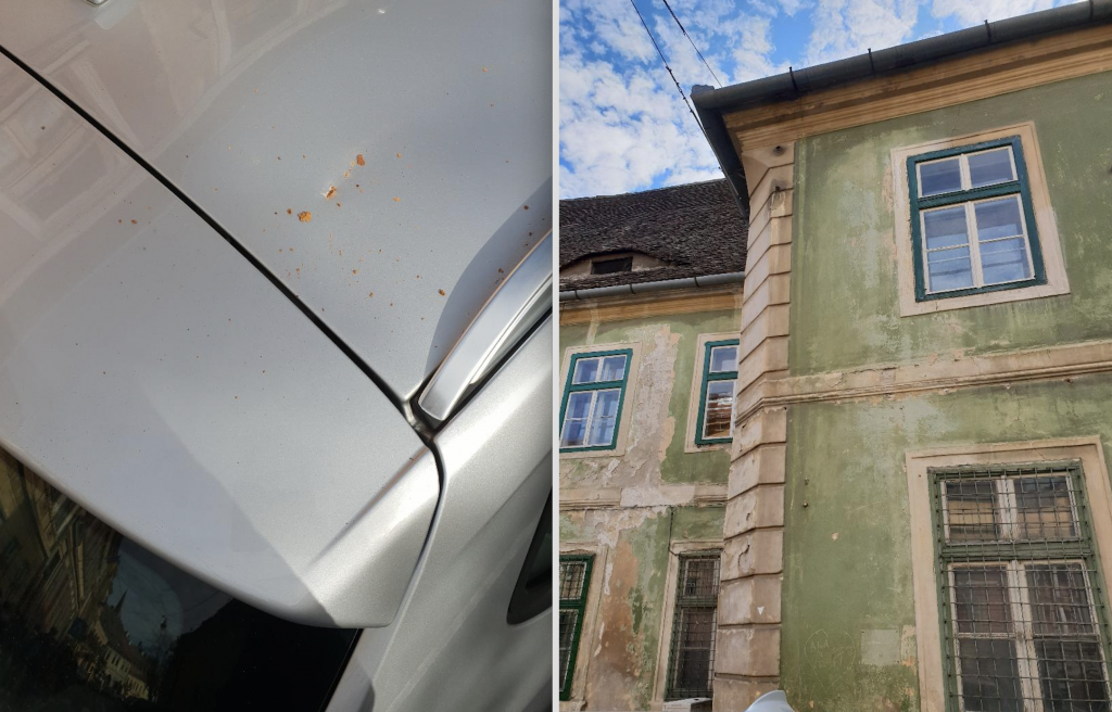 foto - la un pas de tragedie - cad bucăți dintr-o clădire de vizavi de școala 2 din sibiu