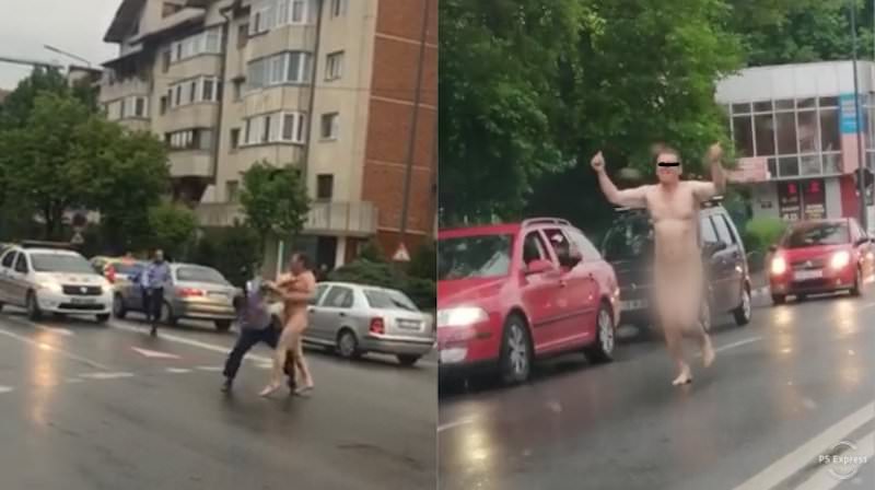 video - un bărbat umblă complet dezbrăcat pe stradă la vâlcea. poliția l-a încătușat