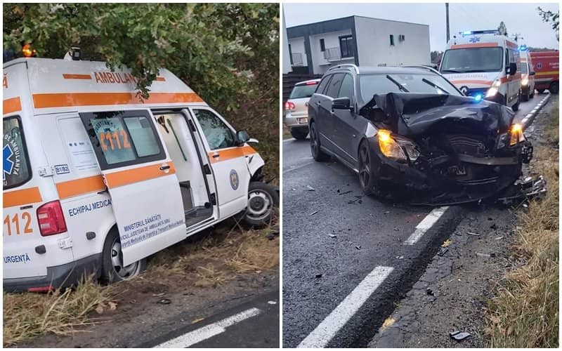 foto accident cu trei mașini pe drumul dintre şelimbăr si cisnădie - o ambulanță implicată