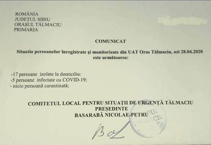 Alertă epidemiologică la Tălmaciu - Primele cinci cazuri confirmate de coronavirus