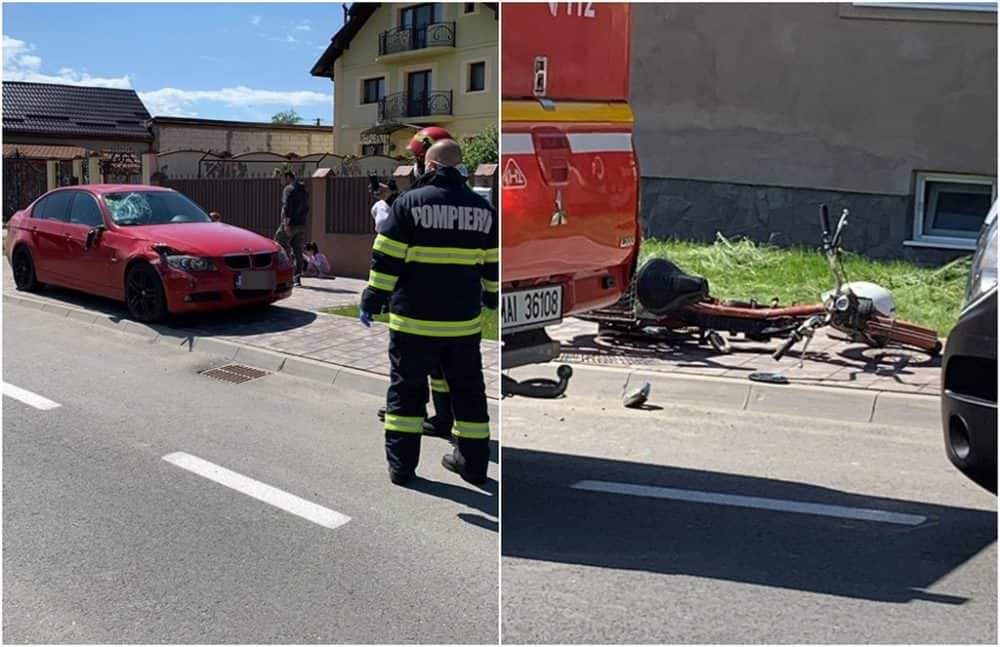 FOTO: Accident la Avrig - Mopedist lovit de o mașină