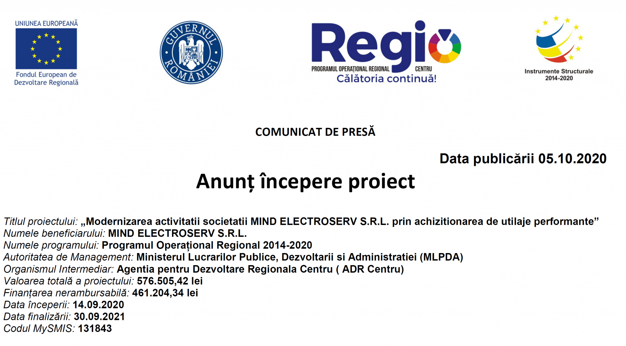 comunicat de presă - anunț începere proiect