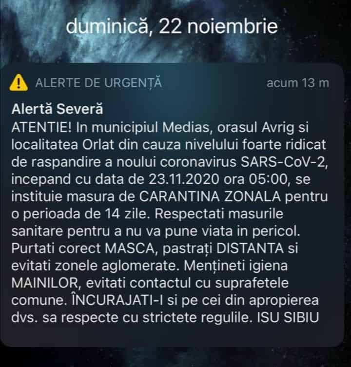 Mesaje RO-ALERT pentru locuitorii din Mediaș, Avrig și Orlat - Localitățile intră de luni în carantină