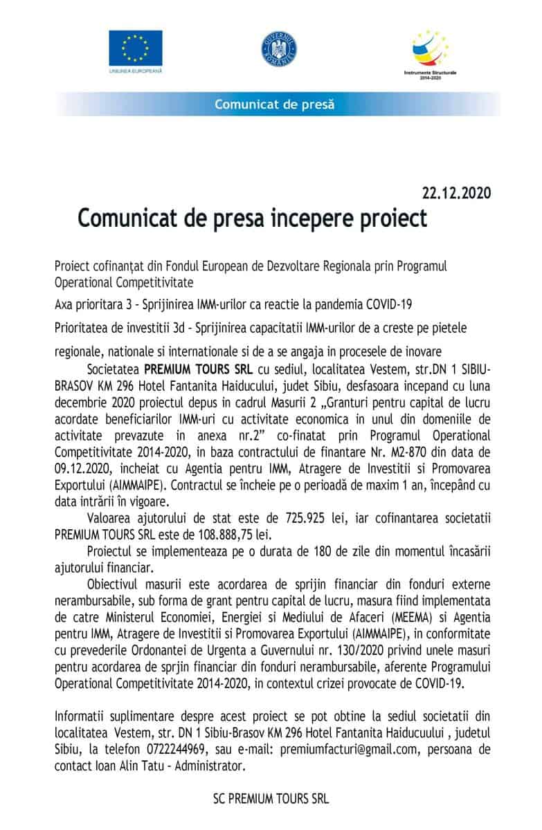 comunicat de presă începere proiect axa prioritara 3 – sprijinirea imm-urilor ca reacție la pandemia covid-19 - premium tours srl