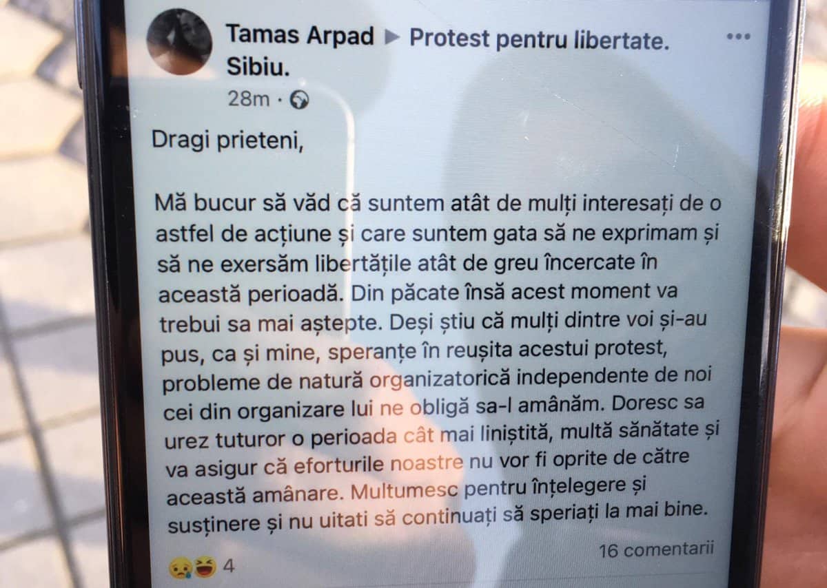 FOTO: Protestul împotriva restricțiilor anti-Covid de la Sibiu a fost anulat - Explicațiile organizatorului