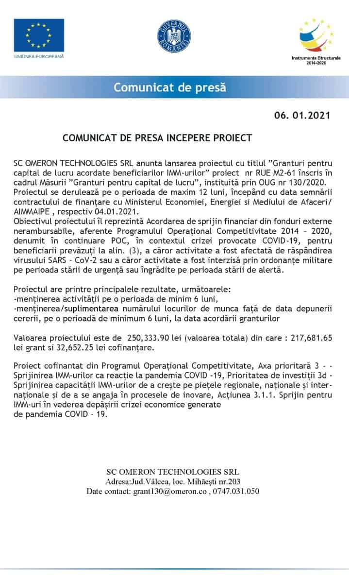 comunicat de presă începere proiect - sc omeron technologies srl anunță lansarea proiectului cu titlul ”granturi pentru capital de lucru acordate beneficiarilor imm-urilor”