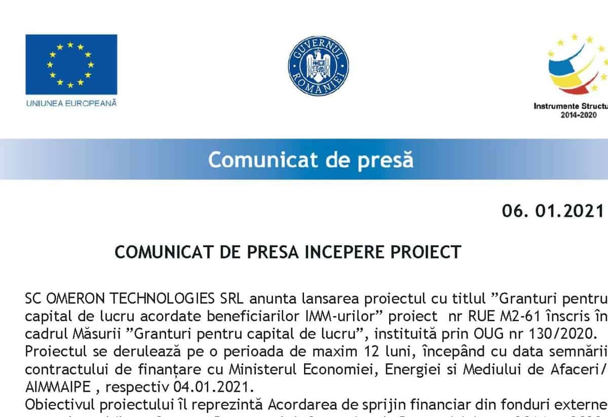 comunicat de presă începere proiect - sc omeron technologies srl anunță lansarea proiectului cu titlul ”granturi pentru capital de lucru acordate beneficiarilor imm-urilor”