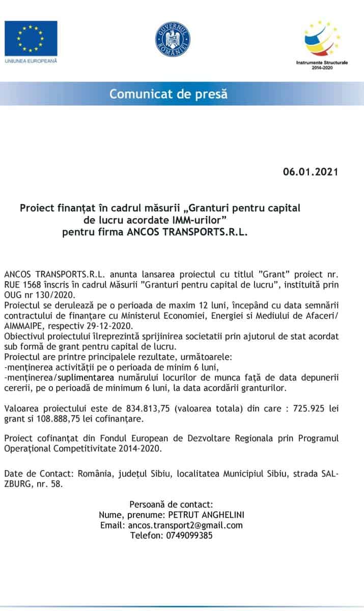 comunicat de presă - proiect finanțat în cadrul măsurii „granturi pentru capital de lucru acordate imm-urilor” pentru firma ancos transports.r.l.