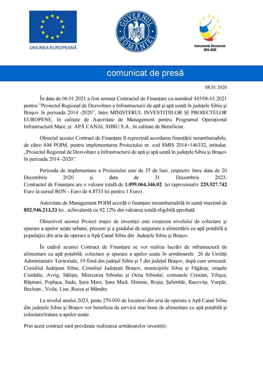 comunicat s-a semnat ”proiectul regional de dezvoltare a infrastructurii de apă şi apă uzată în judeţele sibiu şi braşov în perioada 2014 -2020”