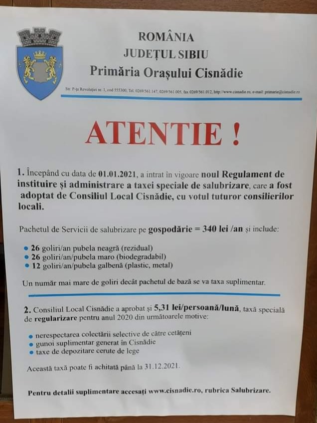 Cisnădia taxează gunoiul retroactiv și aplică sistemul pe gospodărie - Primarul Huja : ”Trebuie să ne recuperăm gaura”