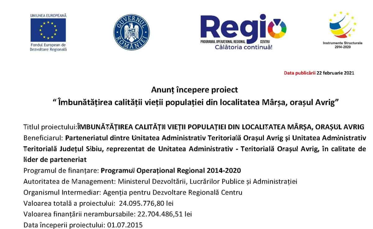 anunț începere proiect “îmbunătățirea calității vieții populației din localitatea mârșa, orașul avrig”