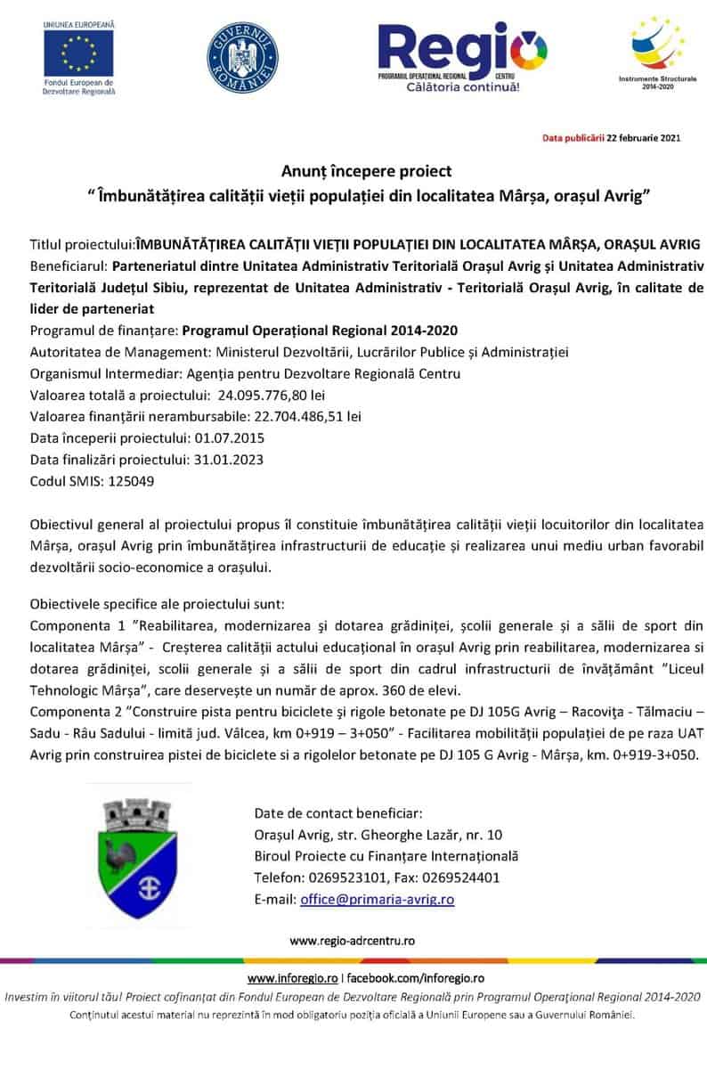 anunț începere proiect “îmbunătățirea calității vieții populației din localitatea mârșa, orașul avrig”