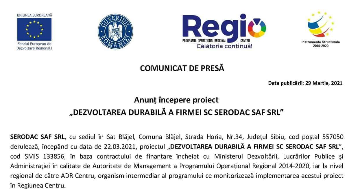 anunț începere proiect „dezvoltarea durabilă a firmei sc serodac saf srl”