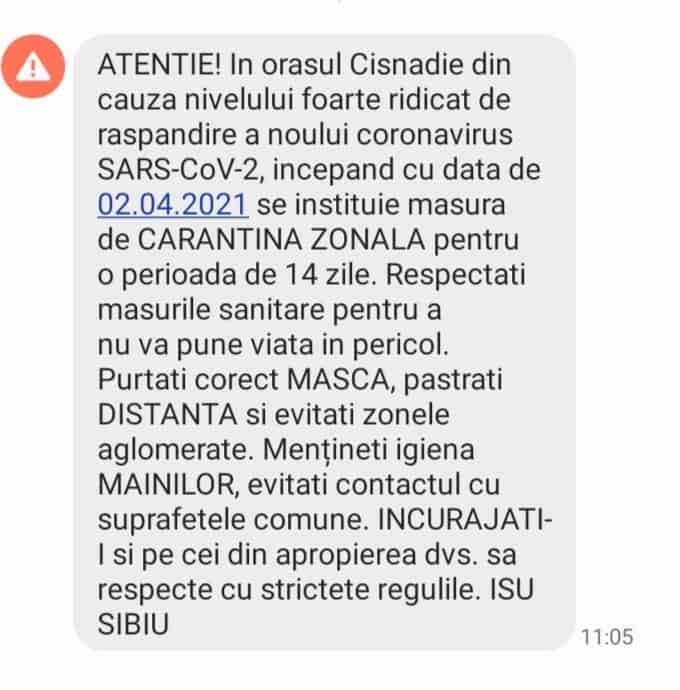 carantina de la cisnădie anunțată prin ro-alert