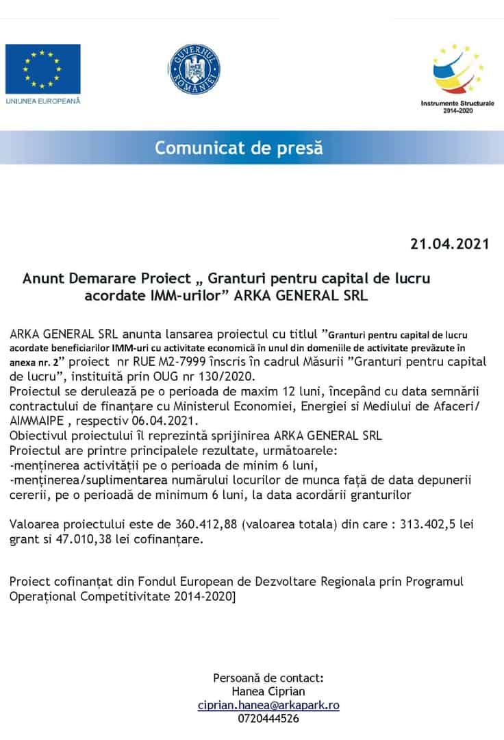 Anunț Demarare Proiect „ Granturi pentru capital de lucru acordate IMM-urilor” ARKA GENERAL SRL