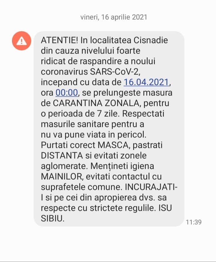 mesaje ro alert pentru locuitorii din cisnădie - se prelungește carantina