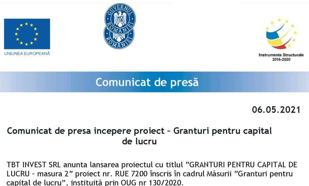 comunicat de presa începere proiect – granturi pentru capital de lucru tbt invest srl