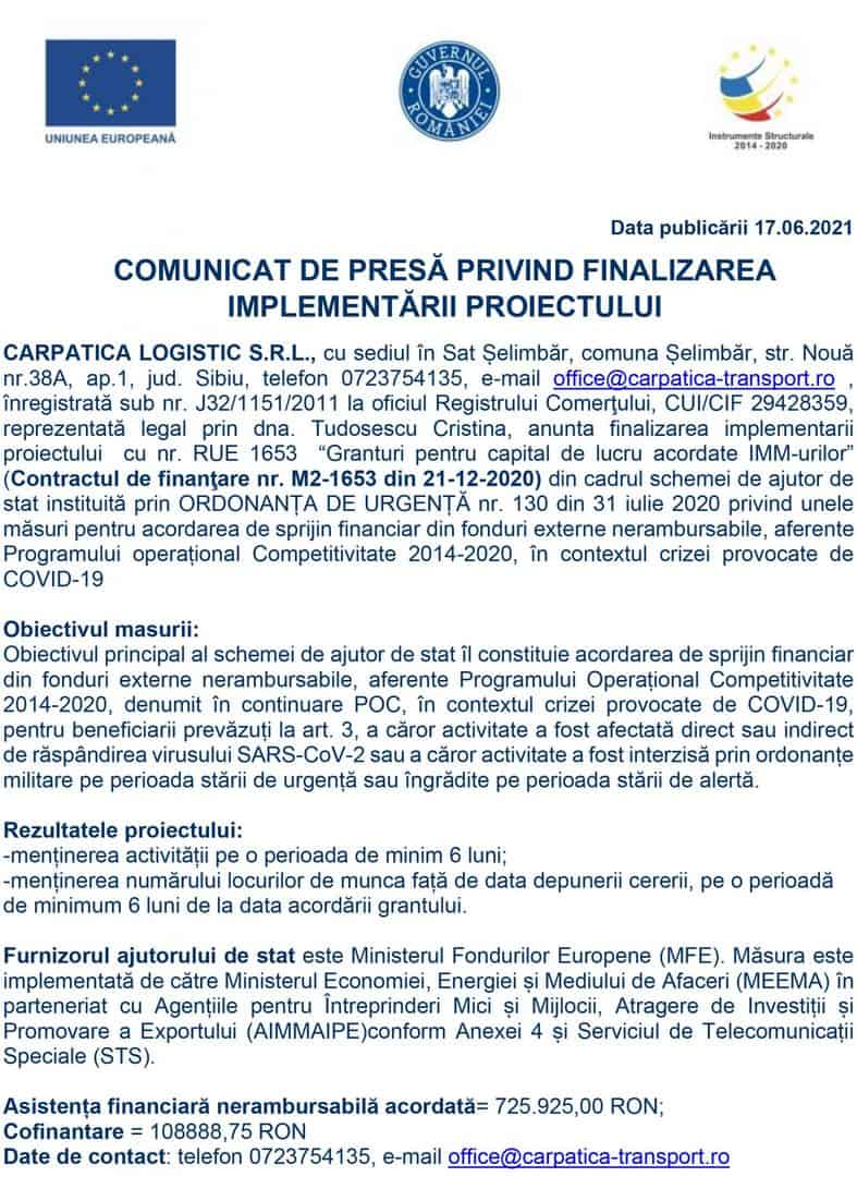 Comunicat de presă privind finalizarea implementării proiectului SC CARPATICA LOGISTIC S.R.L.