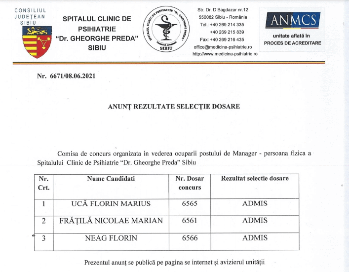 trei candidați pentru șefia spitalului de psihiatrie - printre ei și florin neag de la județean