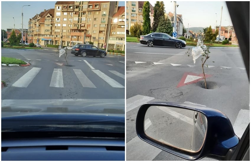 FOTO: Crater imens în asflat în giratoriu pe Coposu - Groapa a fost semnalizată „eco”