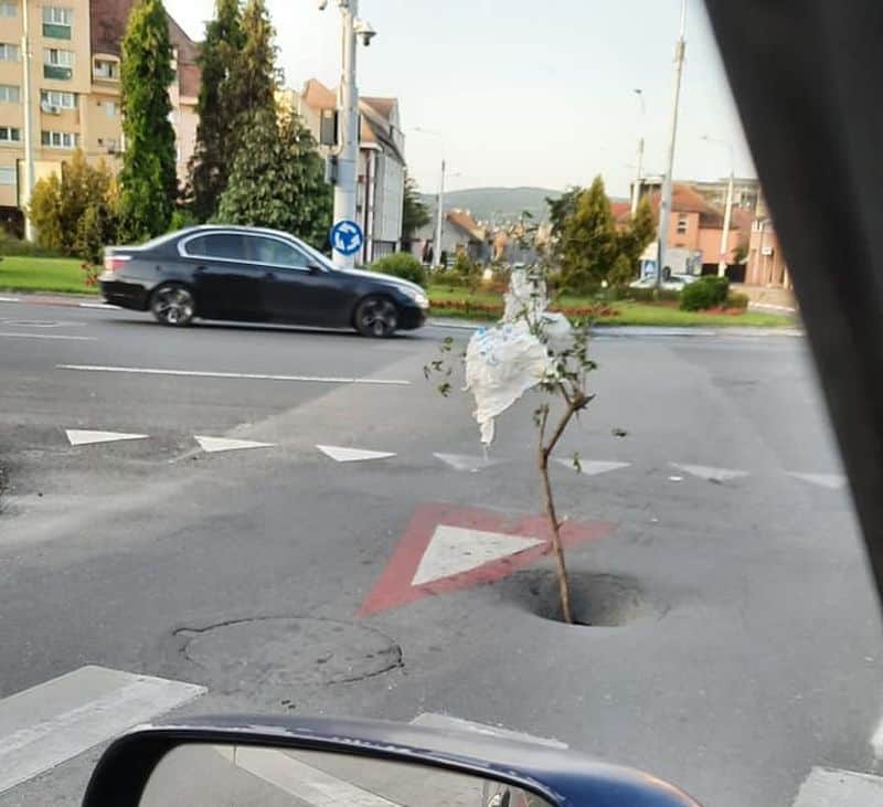 FOTO: Crater imens în asflat în giratoriu pe Coposu - Groapa a fost semnalizată „eco”