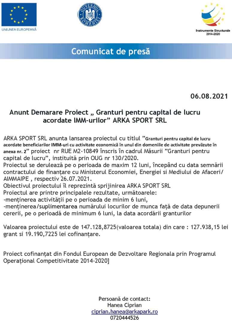 Anunț Demarare Proiect „ Granturi pentru capital de lucru acordate IMM-urilor” ARKA SPORT SRL