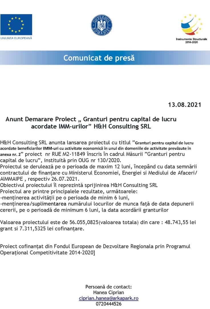 Anunț Demarare Proiect „Granturi pentru capital de lucru acordate IMM-urilor” - H&H Consulting SRL