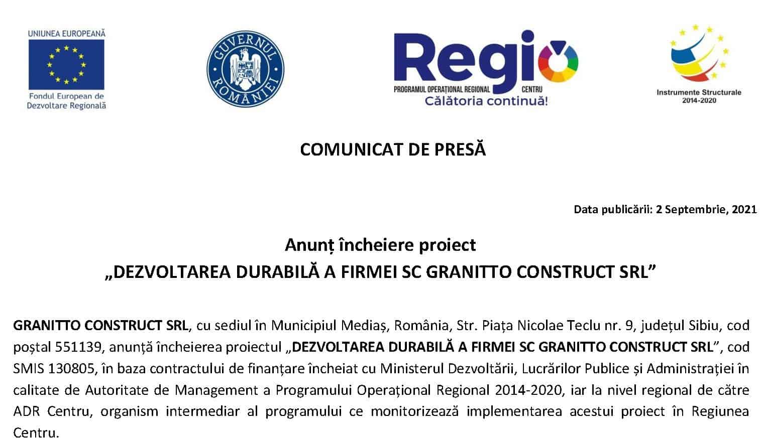 anunț încheiere proiect „dezvoltarea durabilă a firmei sc granitto construct srl”