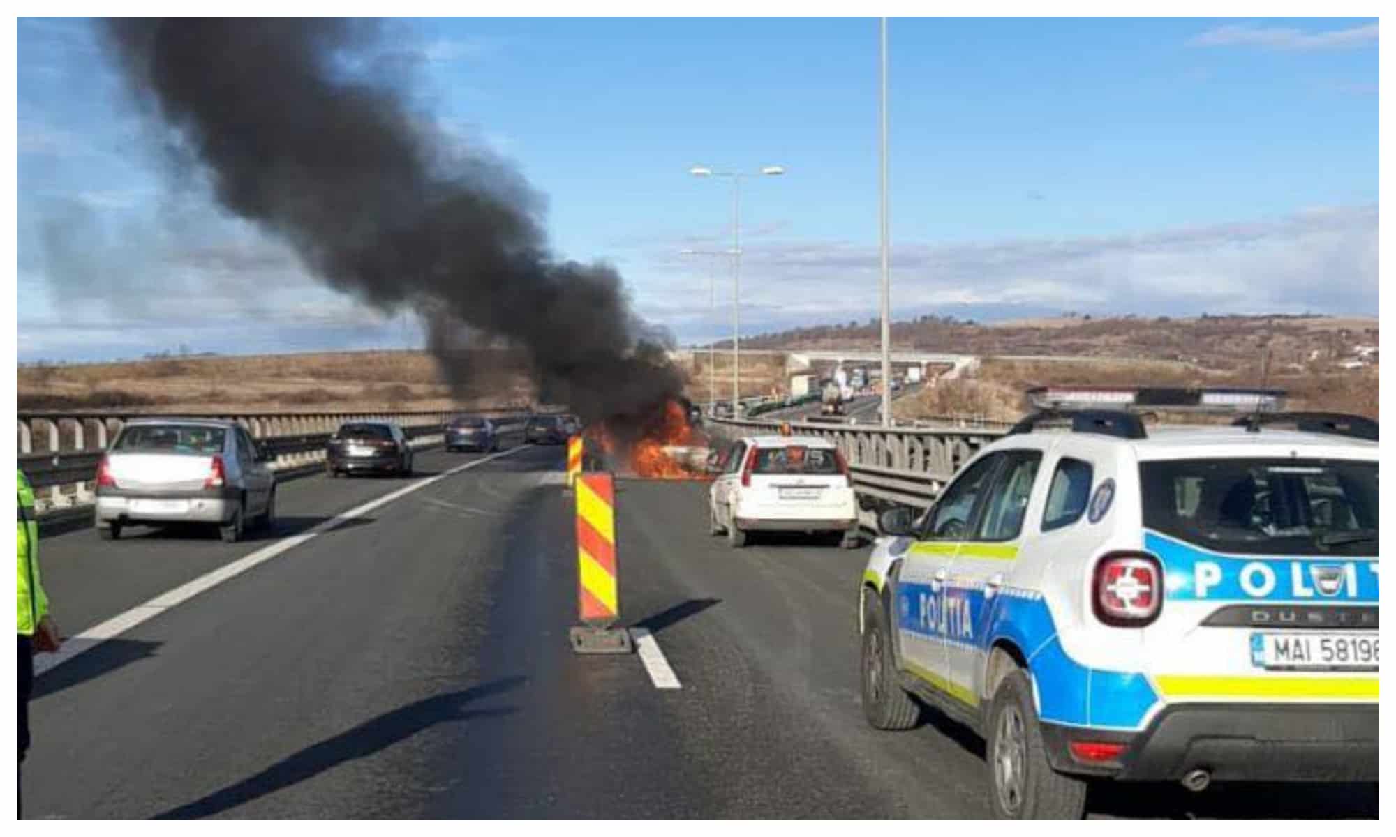 foto - mașină în flăcări pe autostrada sibiu - orăștie. s-a făcut scrum