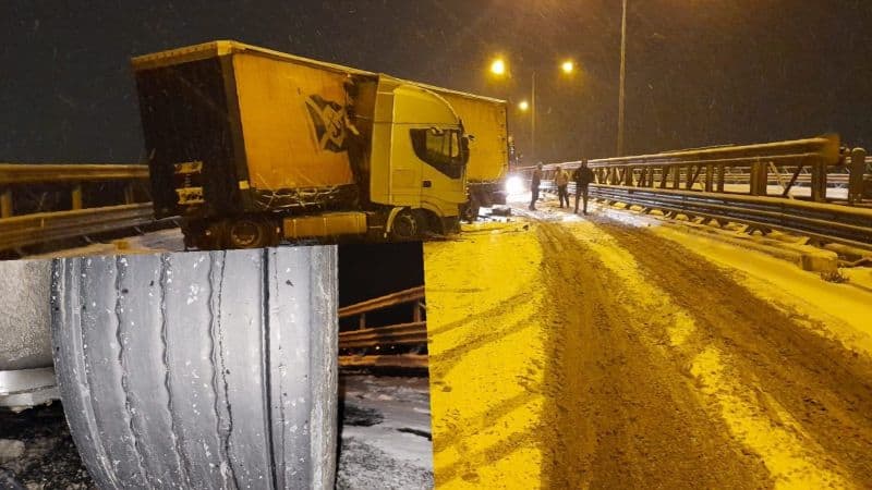 foto inconștiența unui șofer de tir pe a1 la sibiu - pe ninsoare cu cauciucuri de vară și foarte uzate