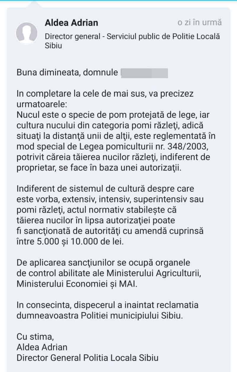 video nuc tăiat la sibiu fără nicio autorizație - ”a venit poliția locală, s-a uitat și au zis că e în regulă. să îl taie”