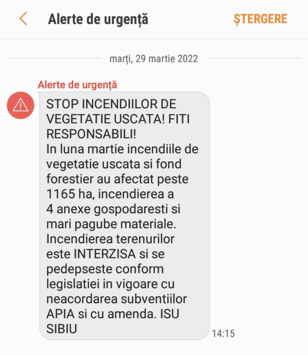 mesaj ro-alert pe telefoanele sibienilor - „stop incendiilor de vegetație” - peste o mie de hectare arse într-o lună