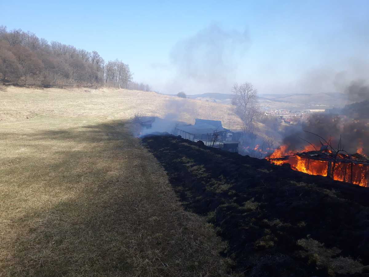 douăzeci de incendii de vegetație într-o zi - un saivan din mediaș și o cabană din agârbiciu, mistuite de flăcări