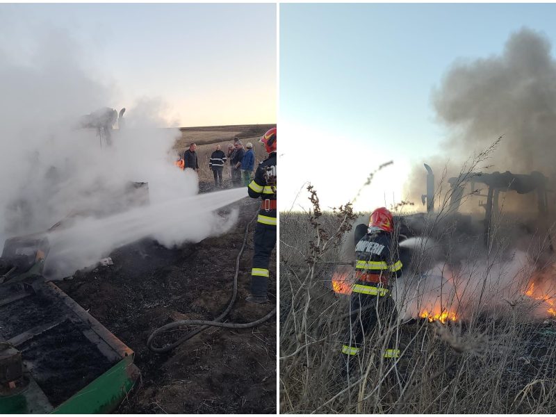 tractor în flăcări, pe câmp, la șeica mică