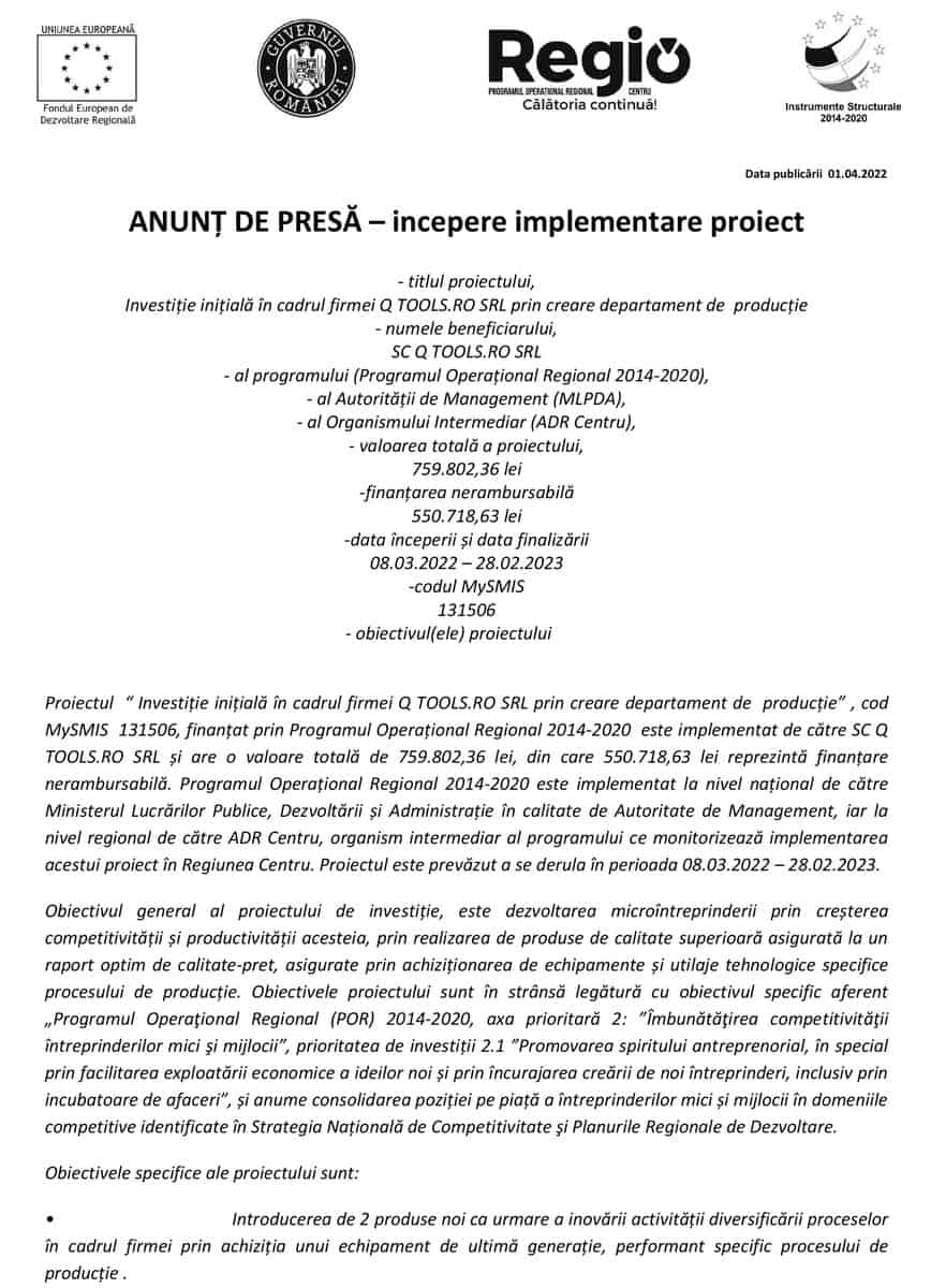 ANUNȚ DE PRESĂ – Începere implementare proiect Investiție inițială în cadrul firmei Q TOOLS.RO SRL prin creare departament de producție