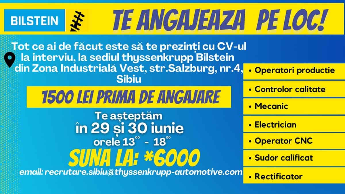 Bilstein angajează pe loc, la fabrica din Sibiu - Bonus de1500 lei la prima angajare