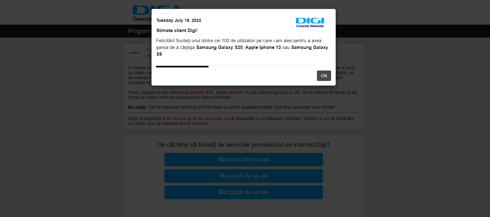 Tentativă de înșelăciune prin mesaje de la persoane care se dau drept compania „DIGI”