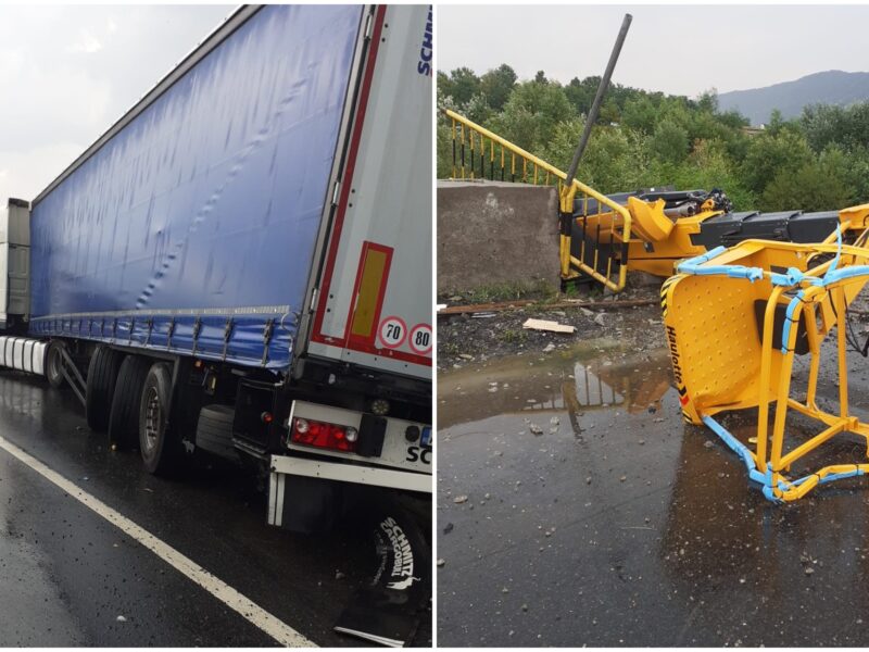 Un TIR încărcat cu nacele s-a izbit de parapet la Călimănești - Pericol de incendiu după ce rezervorul de motorină s-a spart