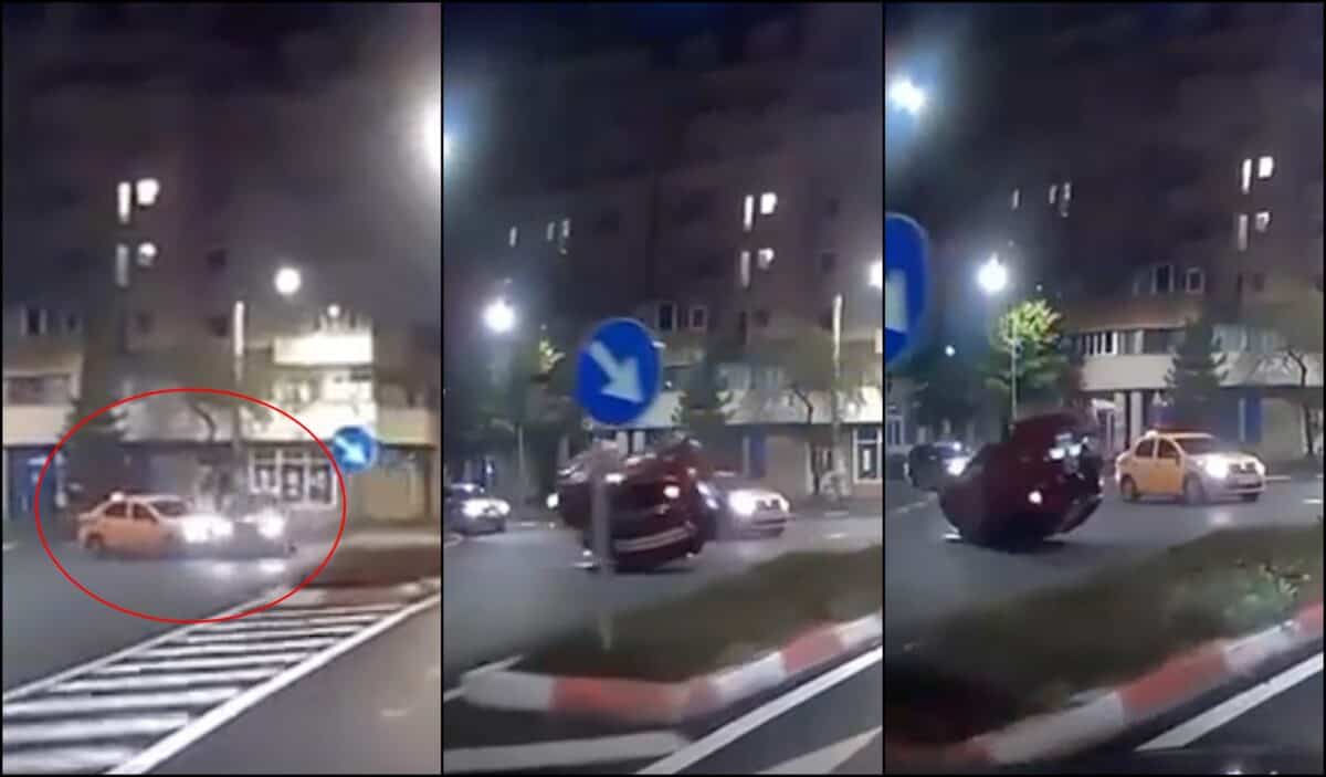 video: accident spectaculos într-un giratoriu din sibiu - o mașină se răstoarnă după ce e lovită de un taxi