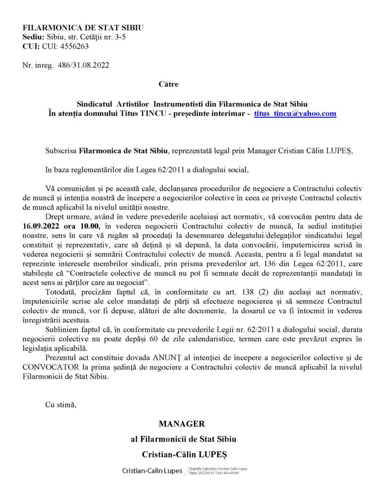 scandalul din filarmonica sibiu - conducerea ia poziție față de acțiunile sindicatului și vine cu explicații