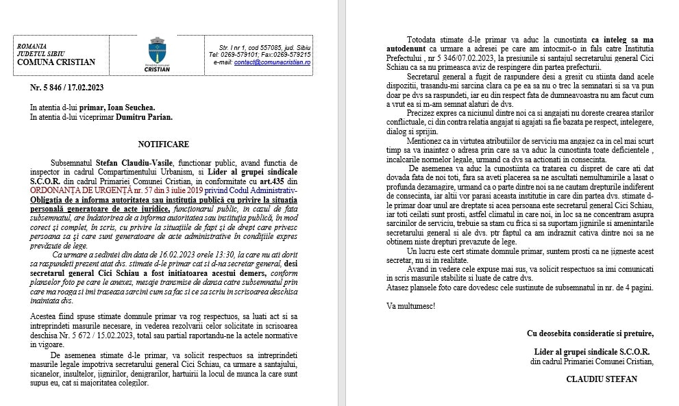 scandal în primăria din cristian - un funcționar susține că este hărțuit la locul de muncă - un act fals, „mărul discordiei”