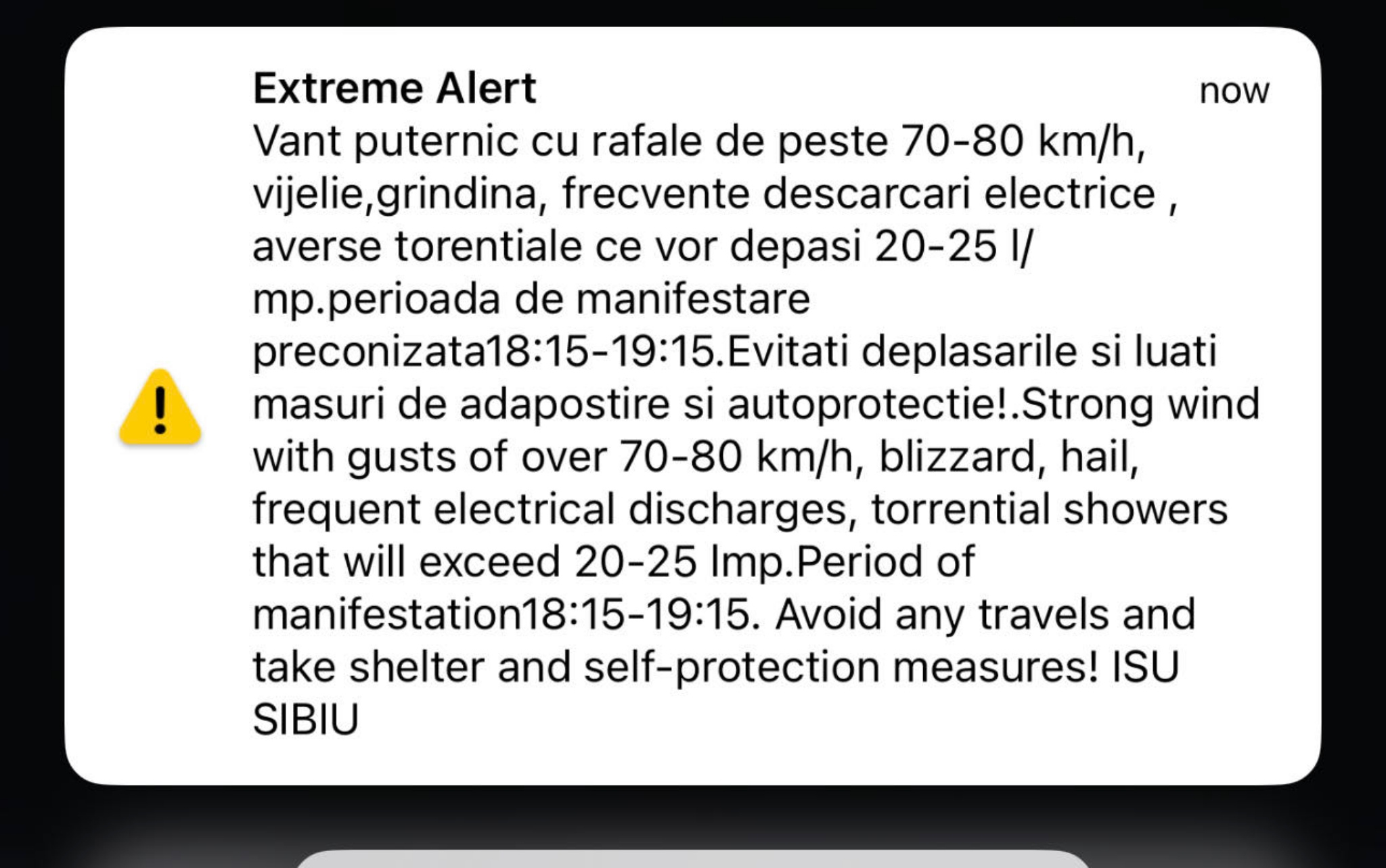 Cod portocaliu de furtună în Sibiu și în alte douăzeci de localități din județ