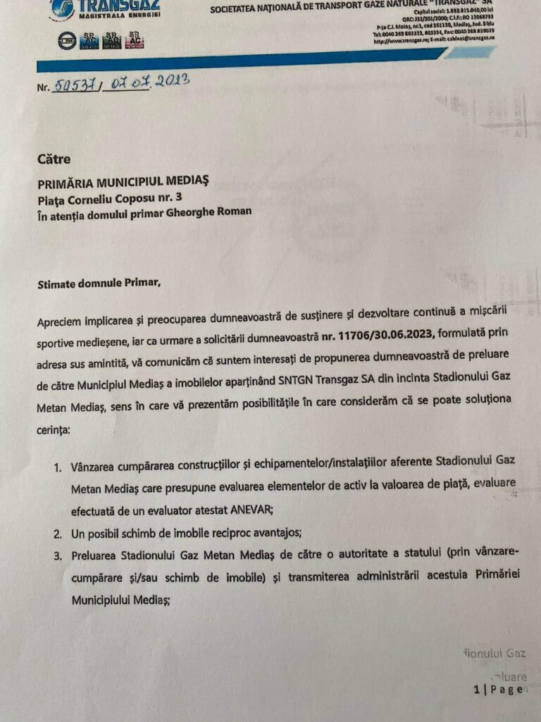 Transgaz vrea să vândă Stadionul Gaz Metan către Primăria Mediaș - Edilul Gheorghe Roman: ”Urmează un dialog și să cădem de acord”