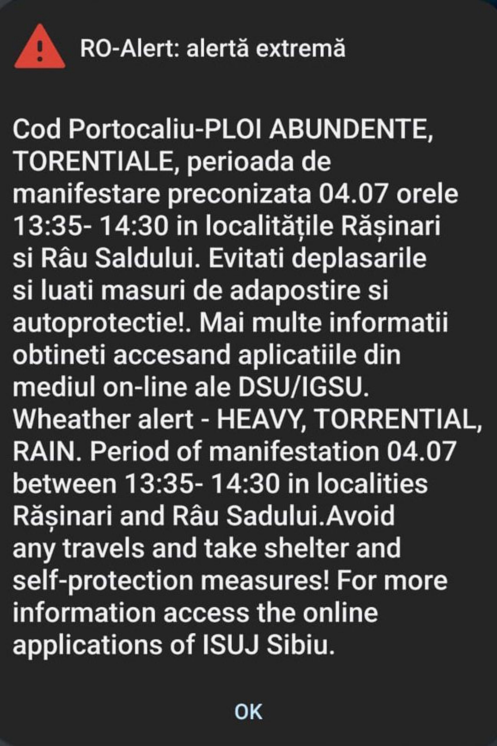 Cod portocaliu de furtună în Rășinari și Râu Sadului - ISU Sibiu a emis Ro-Alert