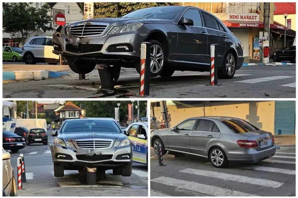 Mașina din Sibiu rămasă înțepenită într-un pilon la Costinești