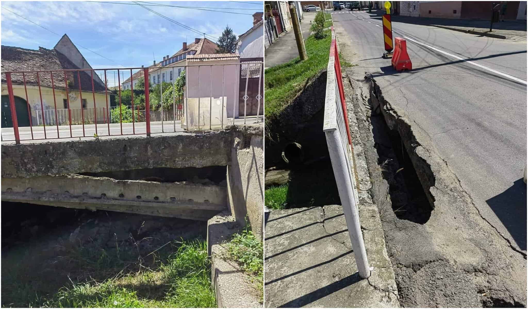 Camion scufundat în asfalt după ce s-a rupt strada cu el la Cisnădie. Huja: „Cine putea ști că se va întâmpla așa ceva?”