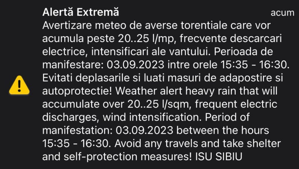 Alertă imediată de vijelii, ploi și grindină la Sibiu. S-a emis avertizare Ro Alert!