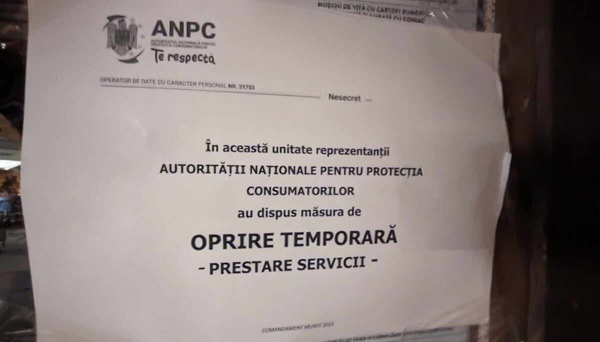 Anunț postat la intrare în restaurantele inchise pentru scurt timp de ANPC