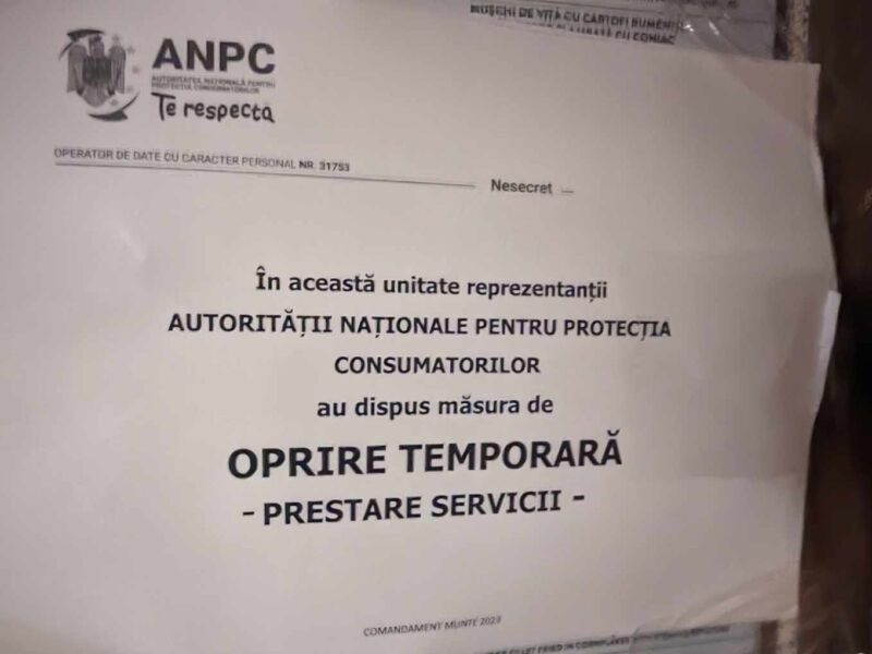 anunț postat la intrare în restaurantele inchise pentru scurt timp de anpc